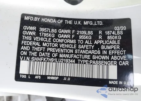 2020 Honda Civic Sport Touring z USA, uszkodzony, nr VIN SHHFK7H91LU219344